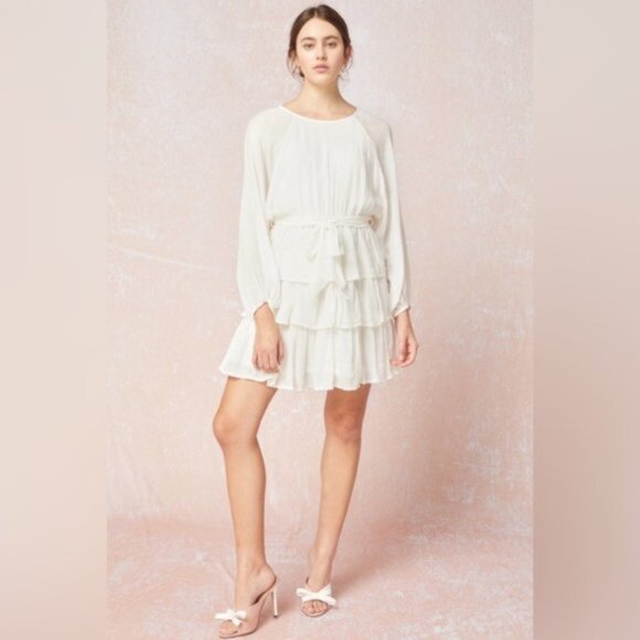 Entro | Elizabeth Tiered Puff Bubble Sleeve Dress White Layered Bohemian Small - Picture 4 of 15